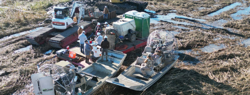 Airboats, Marsh Masters, and excavators in remote marshlands
