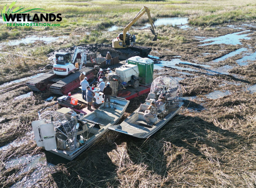 Airboats, Marsh Masters, and excavators in remote marshlands